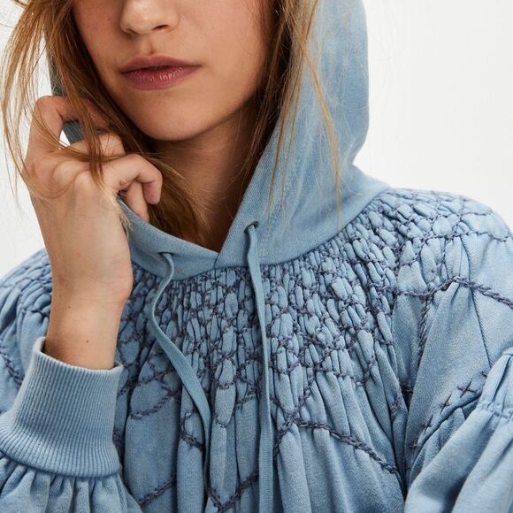 Free People Marty Smocked Hoodie Sweatshirt Mini Dress Mountain Spring- NWOT - Picture 4 of 11